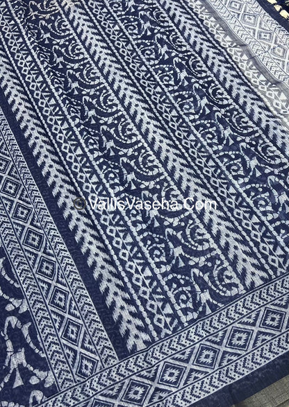 Linen Mixed Cotton Saree - Indigo Blue - Printed - VVLMP001