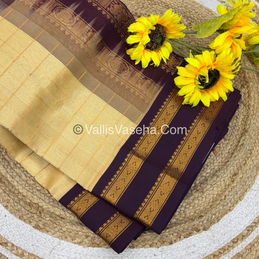 Pure Korvai Silk Cotton Saree - Cream and Wine Brown Shade - VVKSC020