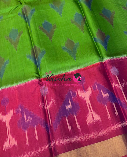 Pure Soft Silk Saree  - Pochampally Weaving - Green & Pinkish Red Combo - VVPSS110