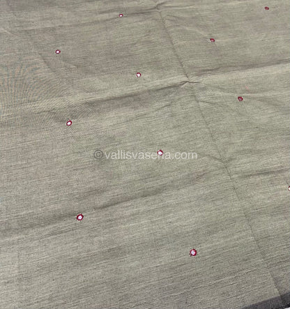 South Mixed Cotton - Mirror Work Embroidery - Creamish Grey With Maroon - VVPCM002