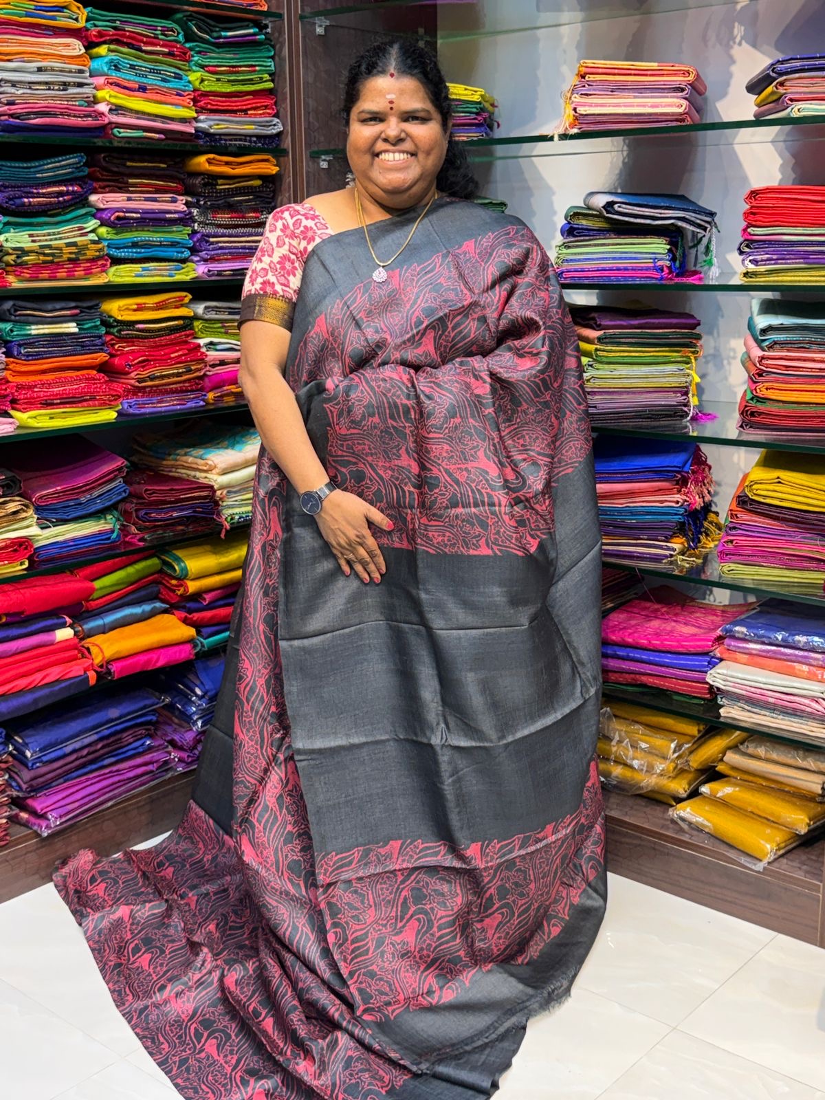 Pure Tussar Silk - Black With Pink Shade - VVPTS001