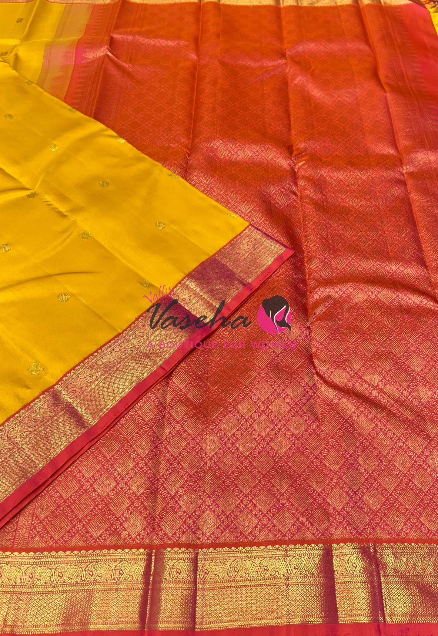 Pure Vintage Korvai Kanchipuram Silk Saree - Yellow With Peachich Orange - VVPS063