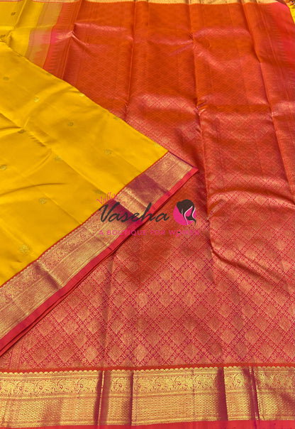 Pure Vintage Korvai Kanchipuram Silk Saree - Yellow With Peachich Orange - VVPS063