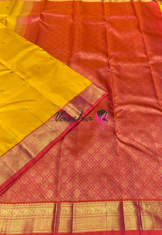 Pure Vintage Korvai Kanchipuram Silk Saree - Yellow With Peachich Orange - VVPS063