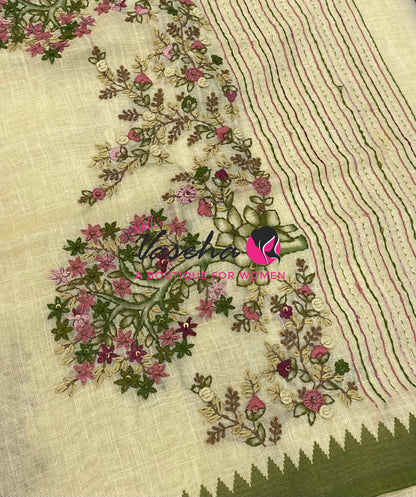 French Knot - Tissue Saree - Cream With Green Shade - VVLFN022