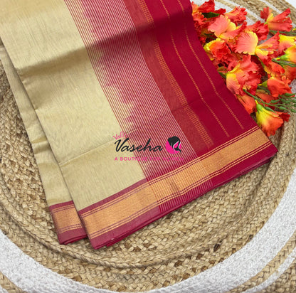 Pure Silk Cotton Sarees - Cream With Red - VVPSC003