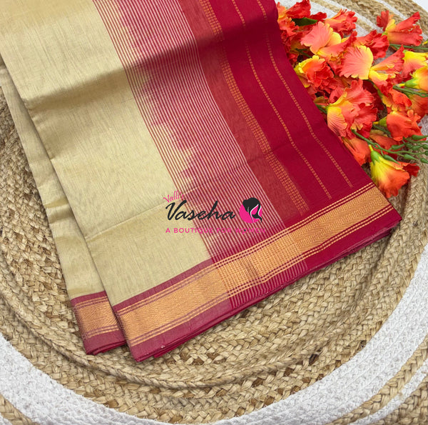 Pure Silk Cotton Sarees - Cream With Red - VVPSC003