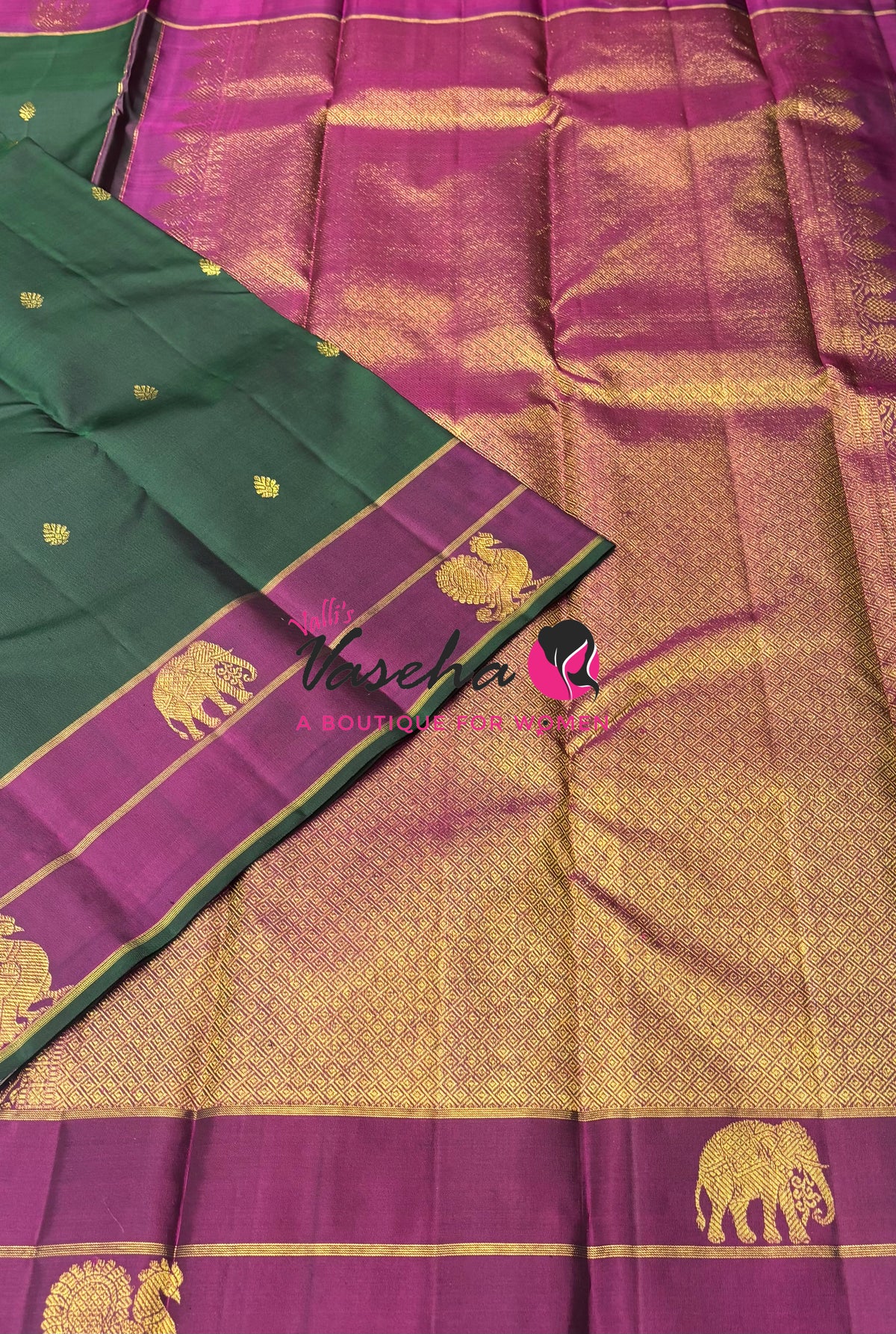 Pure Kanchipuram Silk Saree - Green & Purplish Pink Combo - VVPS046