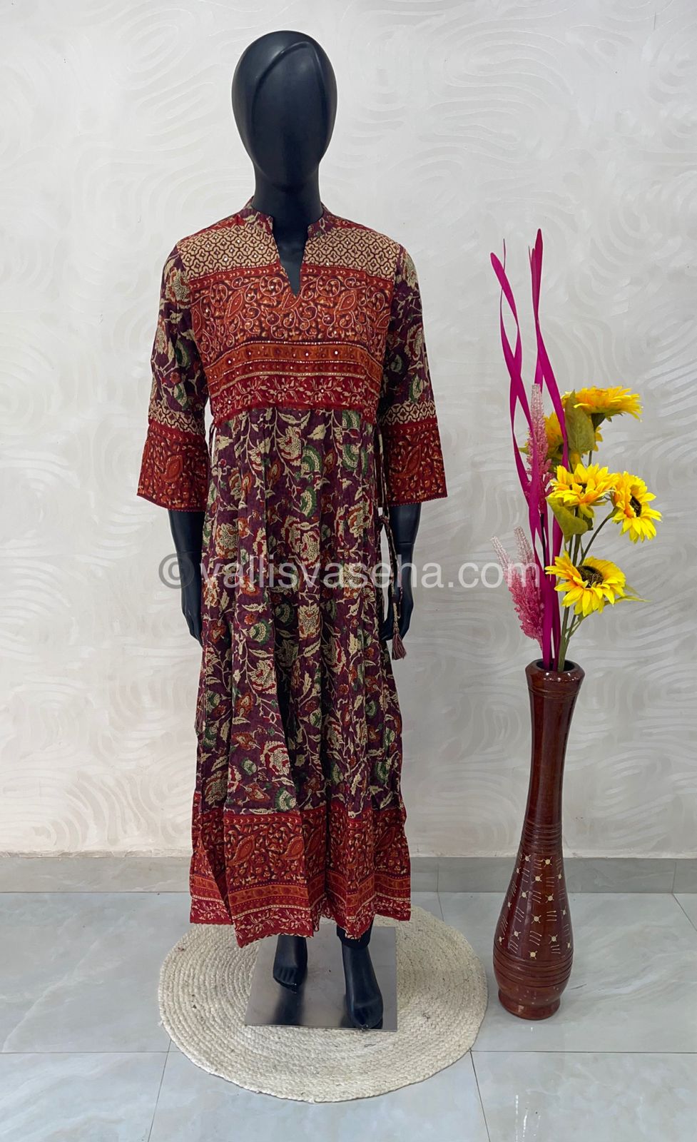 Ready Made - Long Floor Length Kurti - Purplish Merun Color - Kalamkari Design - VVKLG001