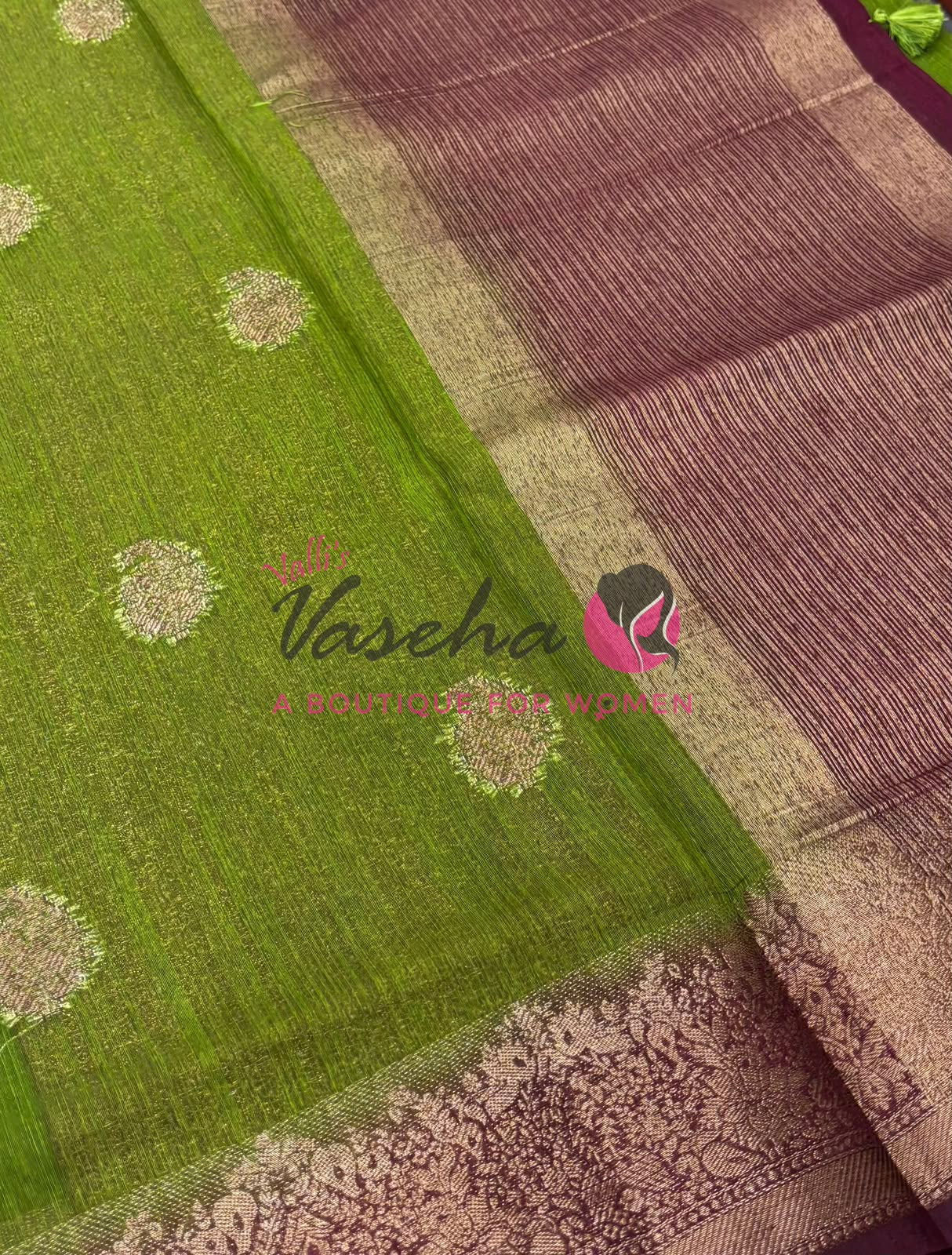 Bamboo Silk Saree- Green with Brown Shade - VVBSS014