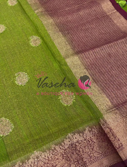 Bamboo Silk Saree- Green with Brown Shade - VVBSS014