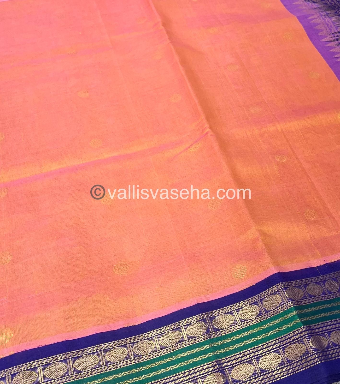 Pure Korvai Silk Cotton Saree - Peach & Gold with Blue - VVKSC004