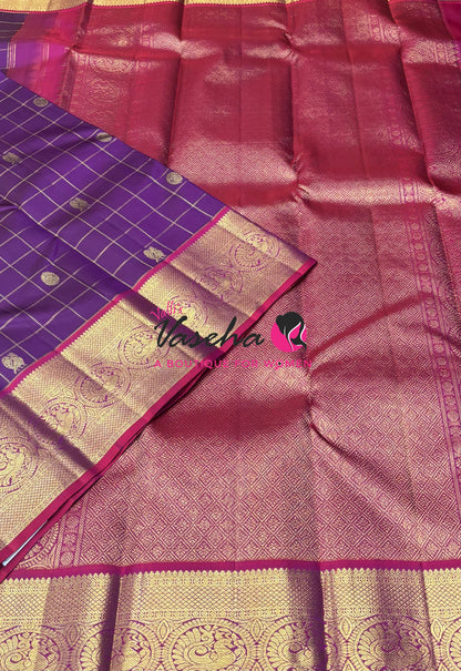 Pure Kanchipuram Silk Saree - Purple With Pinkish Red - VVPS097