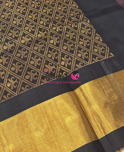 Pure Korvai Silk Cotton Saree - Peach With Black Shade Temple border - VVKSC001