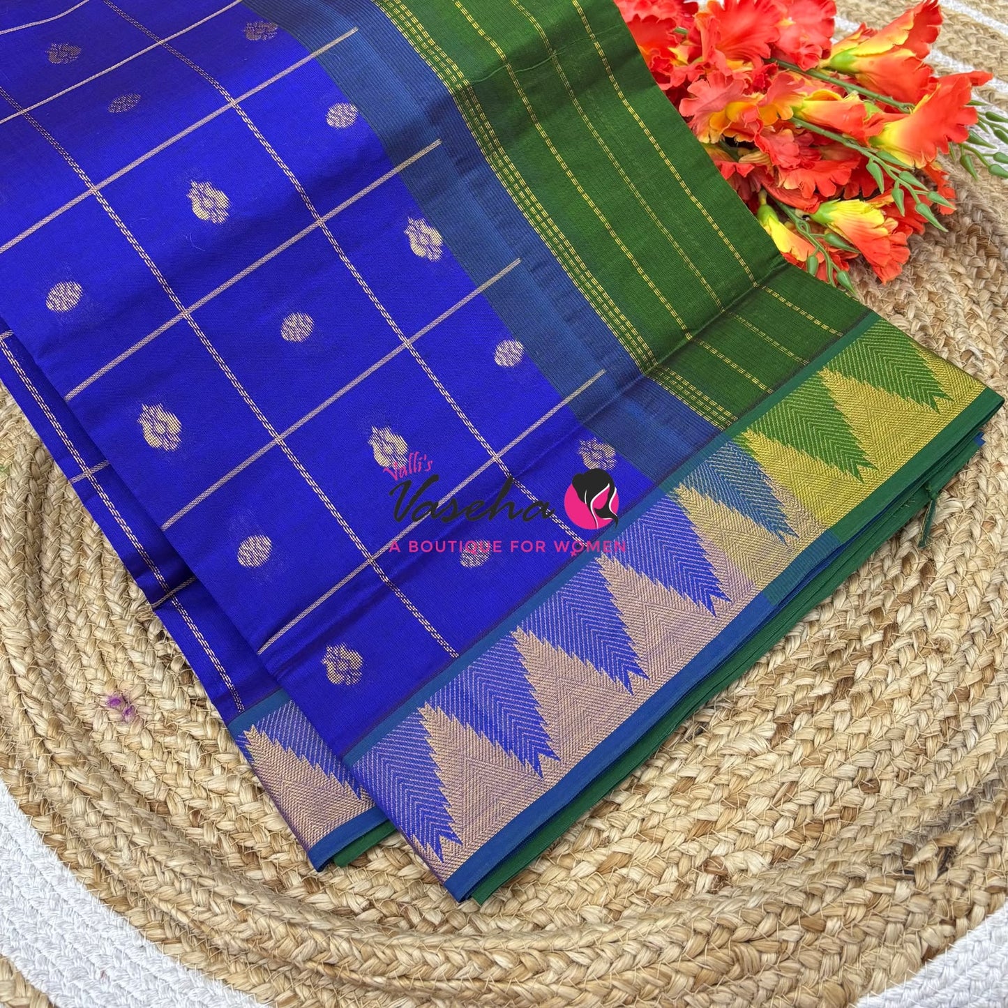 Semi Silk Cotton Saree - Checked Pattern with Butta  - VVSSC012