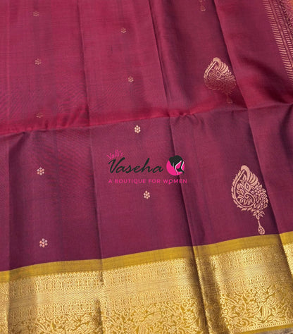 Pure Soft Silk Saree - Maroon With Mustard Yellow - Velum & Mayilum - Kanchi Border - VVPSS015