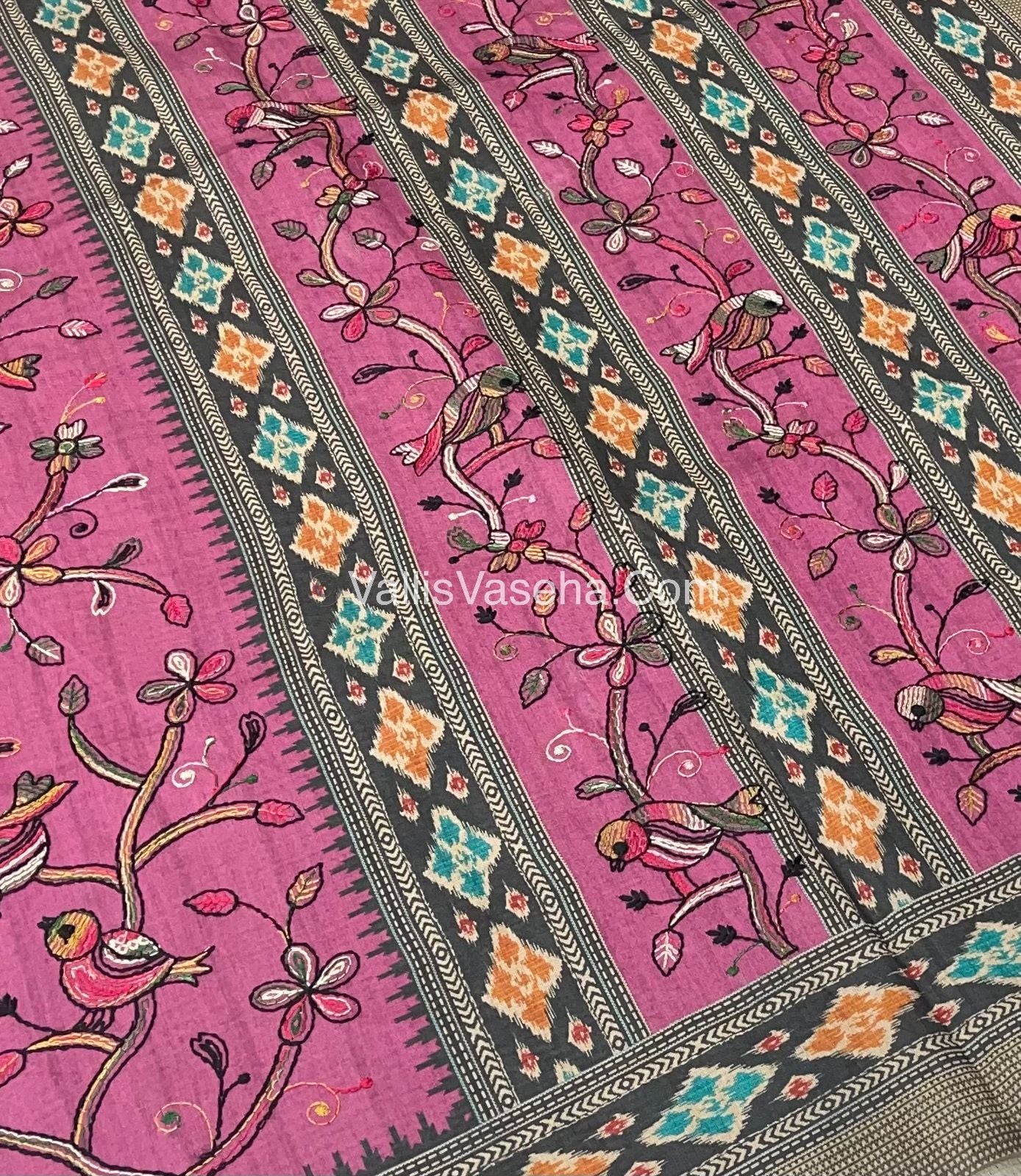 Semi Tussar - Kantha Work Embroidery - Pink Shade - VVSTK001