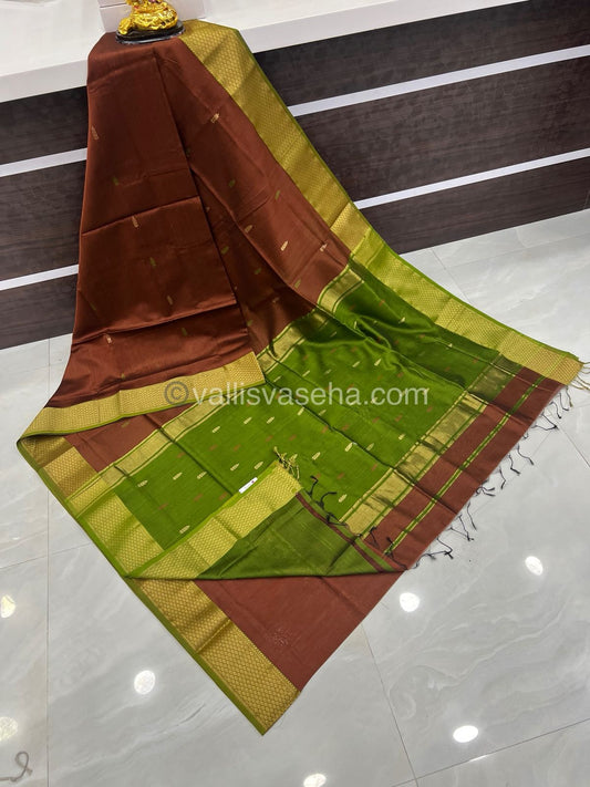 Pure Maheshwari Silk Cotton Saree -  brown & Green Color - VVMSC003