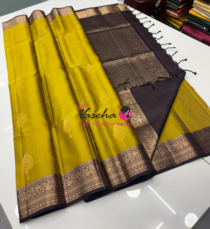Pure Soft Silk Saree - Lemon Green With Dark Brown - Velum & Mayilum - Kanchi Border - VVPSS015