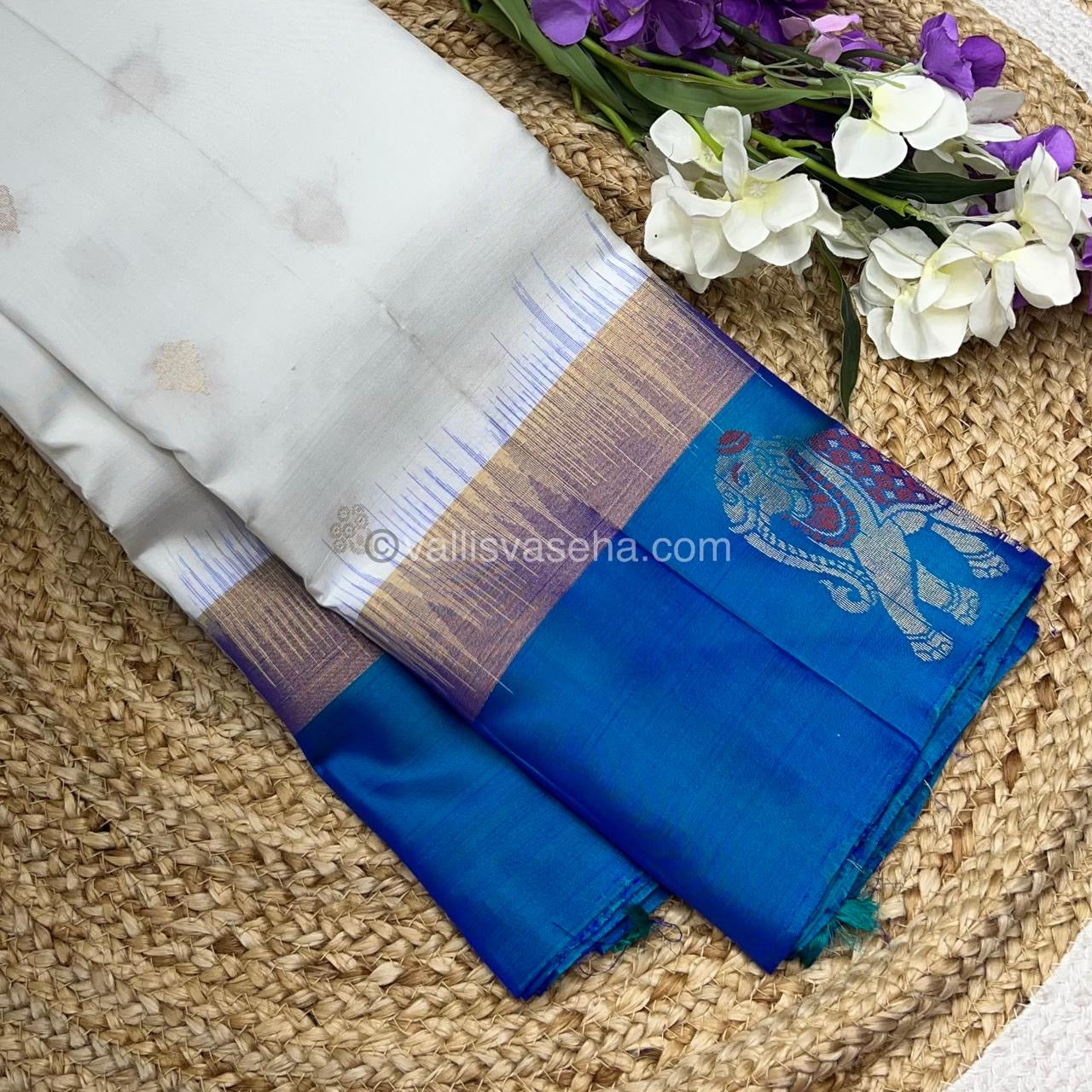 Pure Soft Silk Saree - White with Peacock Blue  - VVPSS028
