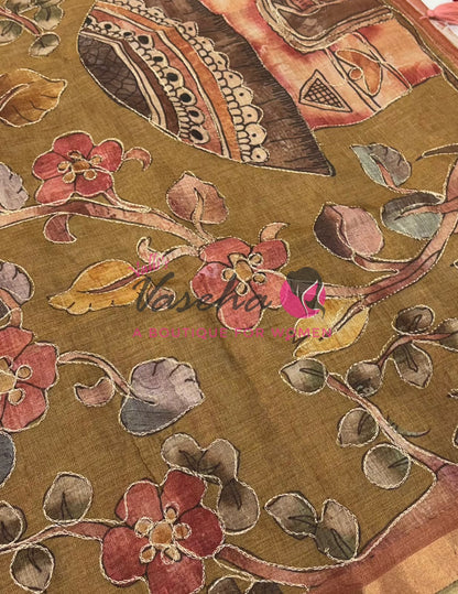 Linen Tissue Saree - Mirror Work Embroidery - Peach With Mustard Yellow Shade - VVLTS001