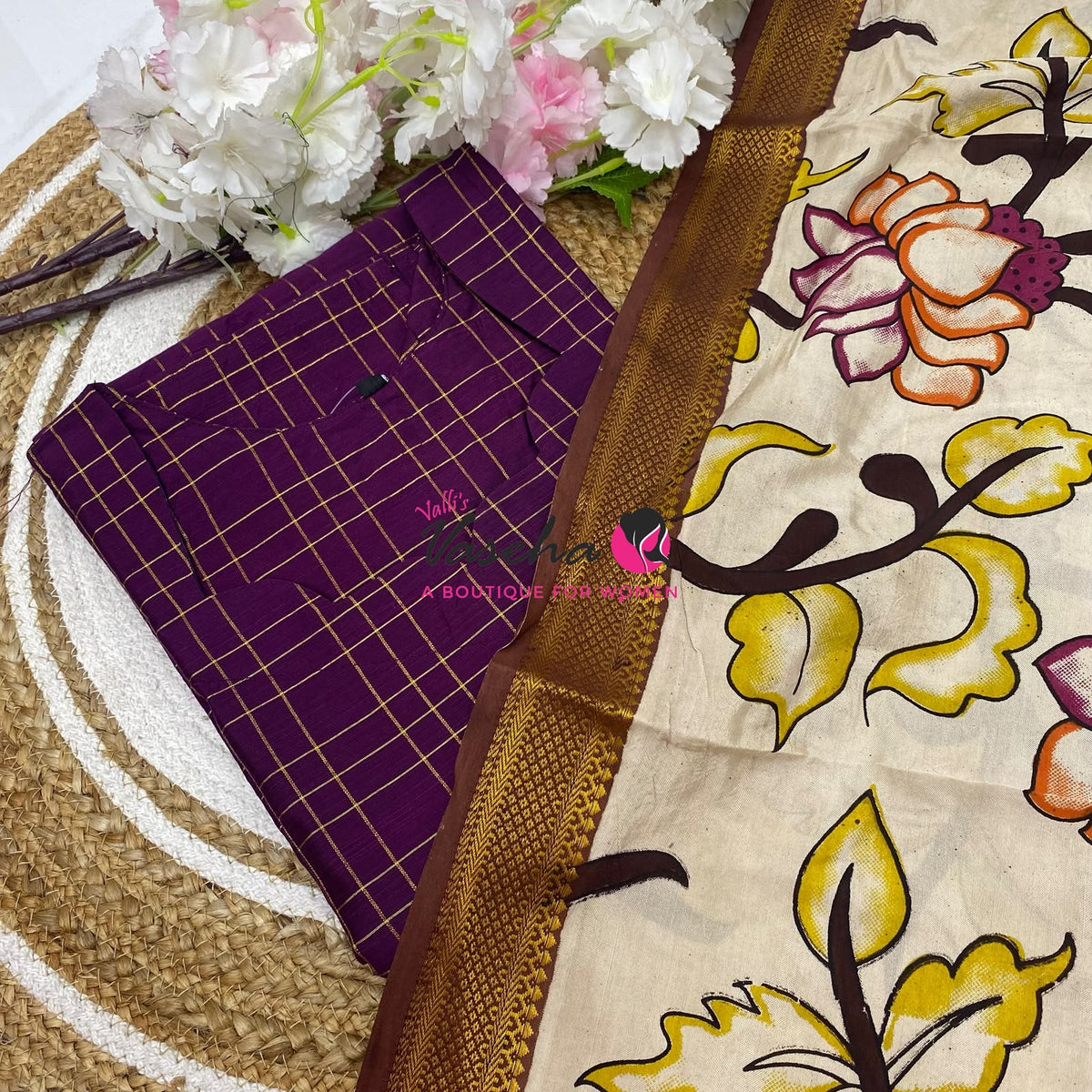 Ready Made - Semi Raw Silk Kurti with Chennur Silk Kalamkari Duppatta - Dark Purple Shade - 2pc Set - VVSRK002