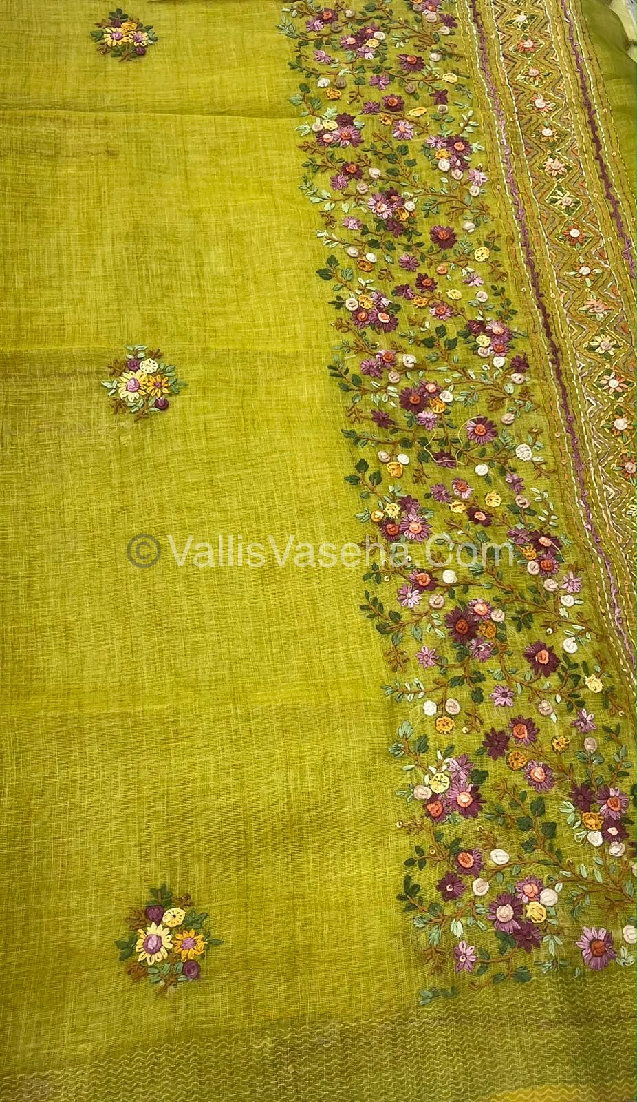French Knot - Linen Tissue Saree - Green Shade - Heavy Work Blouse - VVLFN012