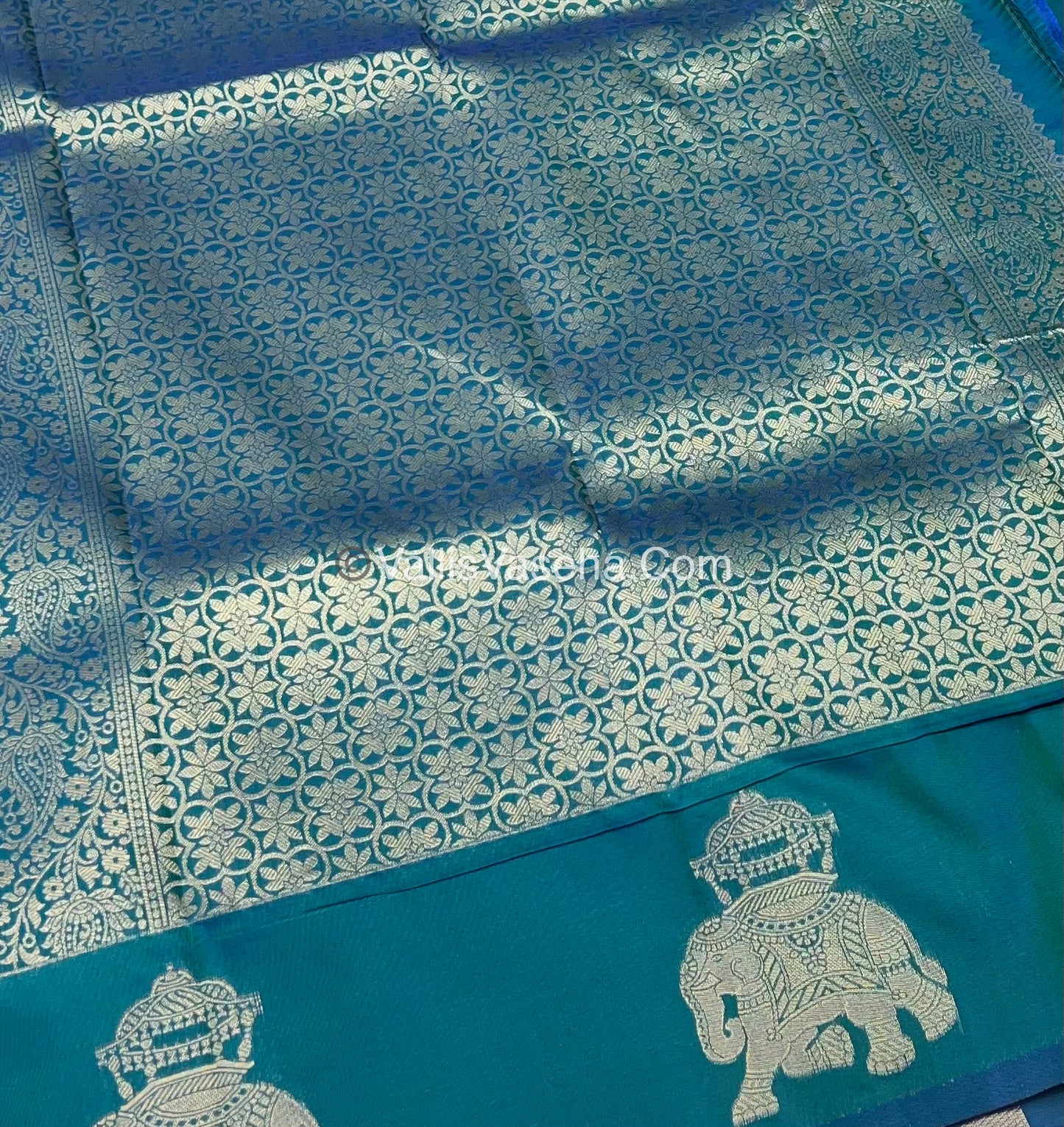 Semi Soft Silk - Elephant Butta Border - Peacock Blue Shade -VVSSS011