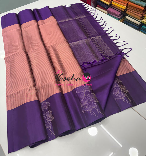Pure Soft Silk Saree - Light Pink With Purple - VVPSS072