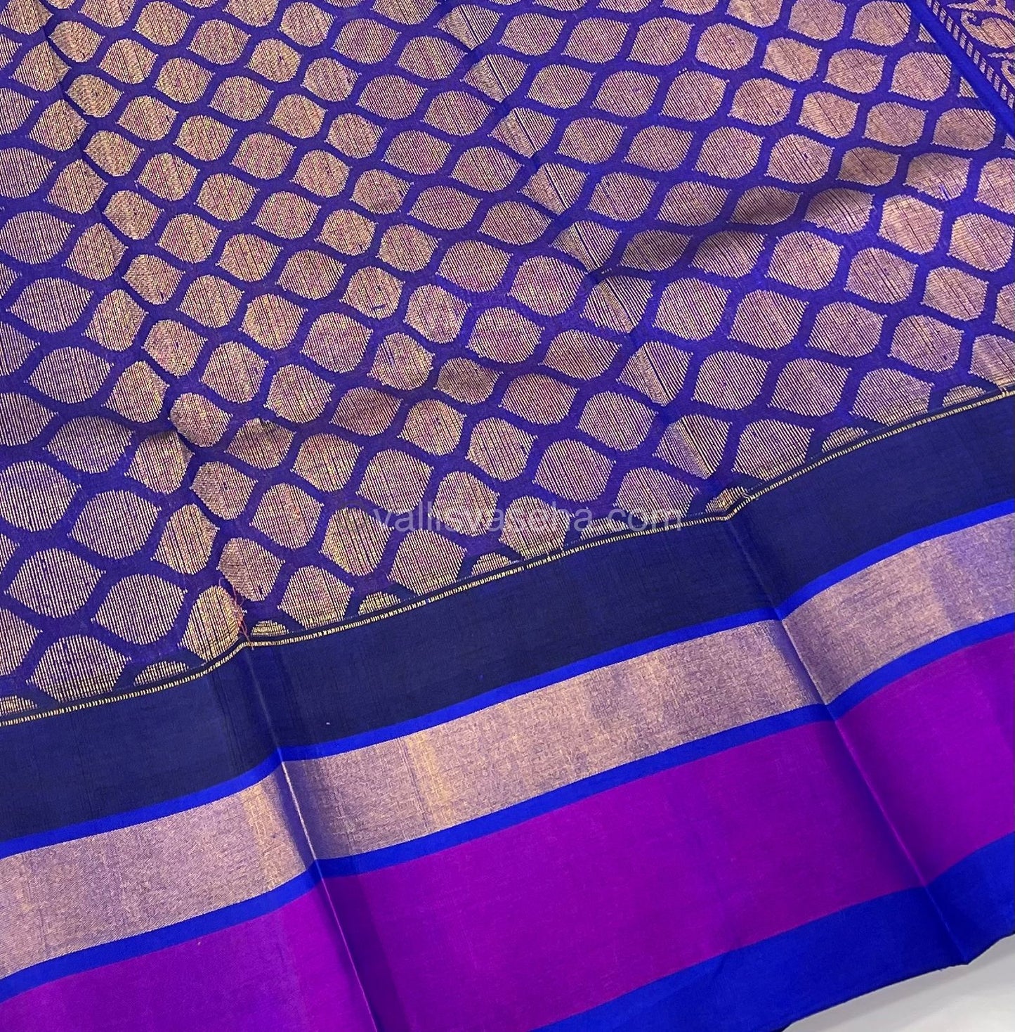 Pure Korvai Silk Cotton Saree - Pinkish Peach with Violetish Blue Combo - Temple border - VVKSC001