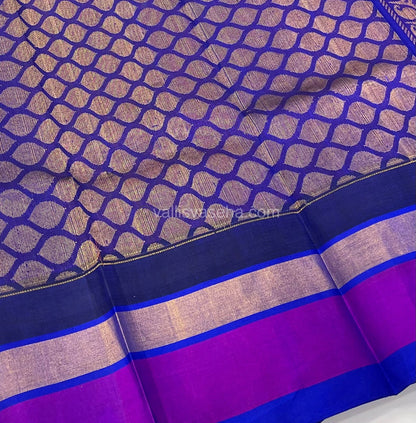 Pure Korvai Silk Cotton Saree - Pinkish Peach with Violetish Blue Combo - Temple border - VVKSC001