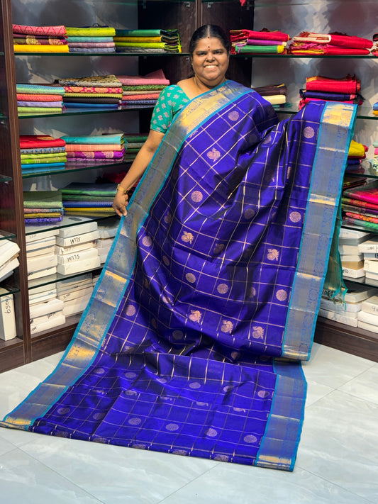 Pure Silk Cotton Saree - Mayil & Chakkaram Design - Blue & Turquoise Blue - VVMC001