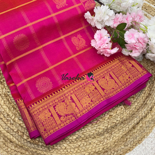 Pure Silk Cotton Saree - Mayil & Chakkaram Design - Pink With Pink Shade -VVMC003