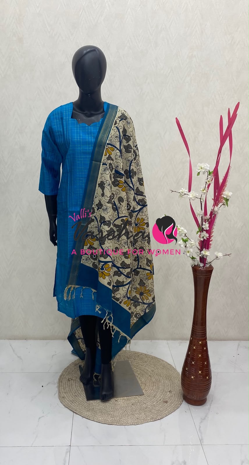 Ready Made - Semi Raw Silk Kurti with Chennur Silk Kalamkari Duppatta - Blue Shade - 2pc Set - VVSRK002