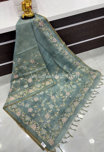 Tissue Linen Saree - Green Shade - VVTLS001
