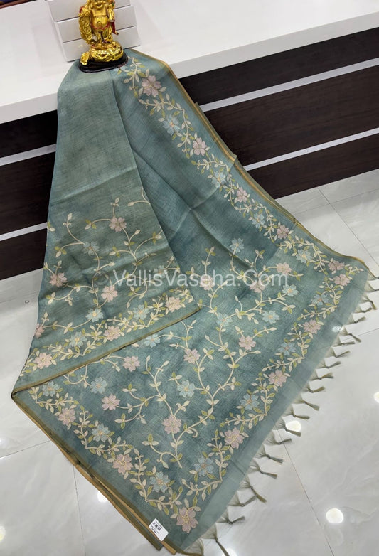 Tissue Linen Saree - Green Shade - VVTLS001