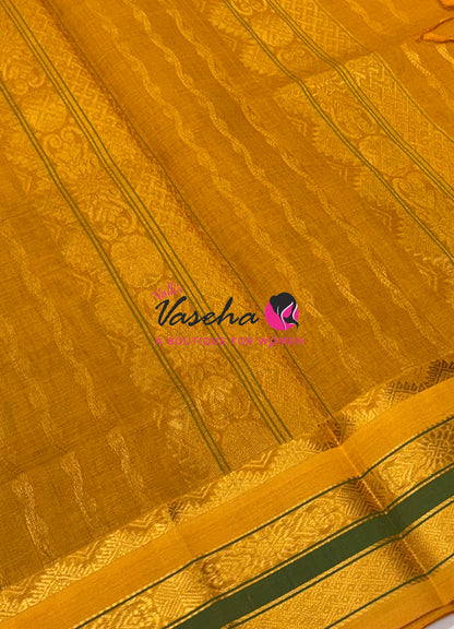 Pure Korvai Silk Cotton - Vairavoosi Lines - Green With Yellow Shade  - VVKSC039