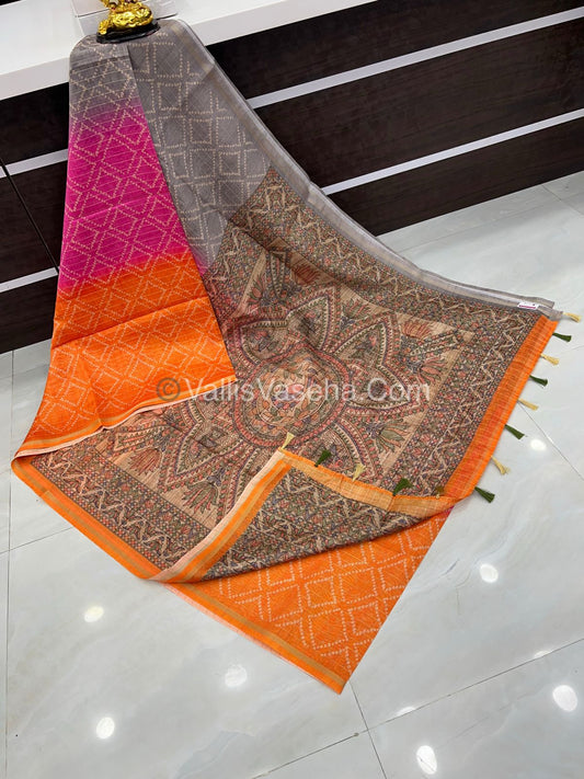 Semi Chanderi Saree - Fusion Of Bandhini & Madhubani- VVSCS002