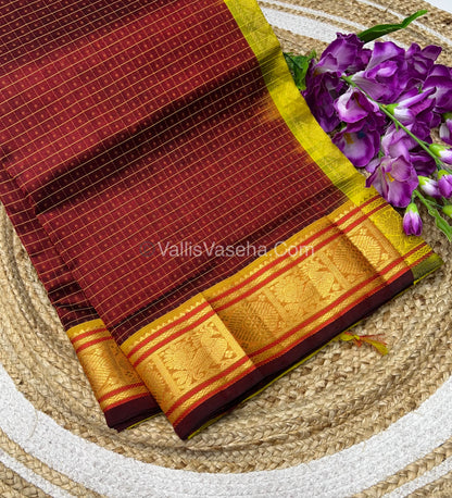 Pure Silk Cotton Saree - Maroon With Lemon Yellow Shade - Lakshadeepam Design - VVPLD001