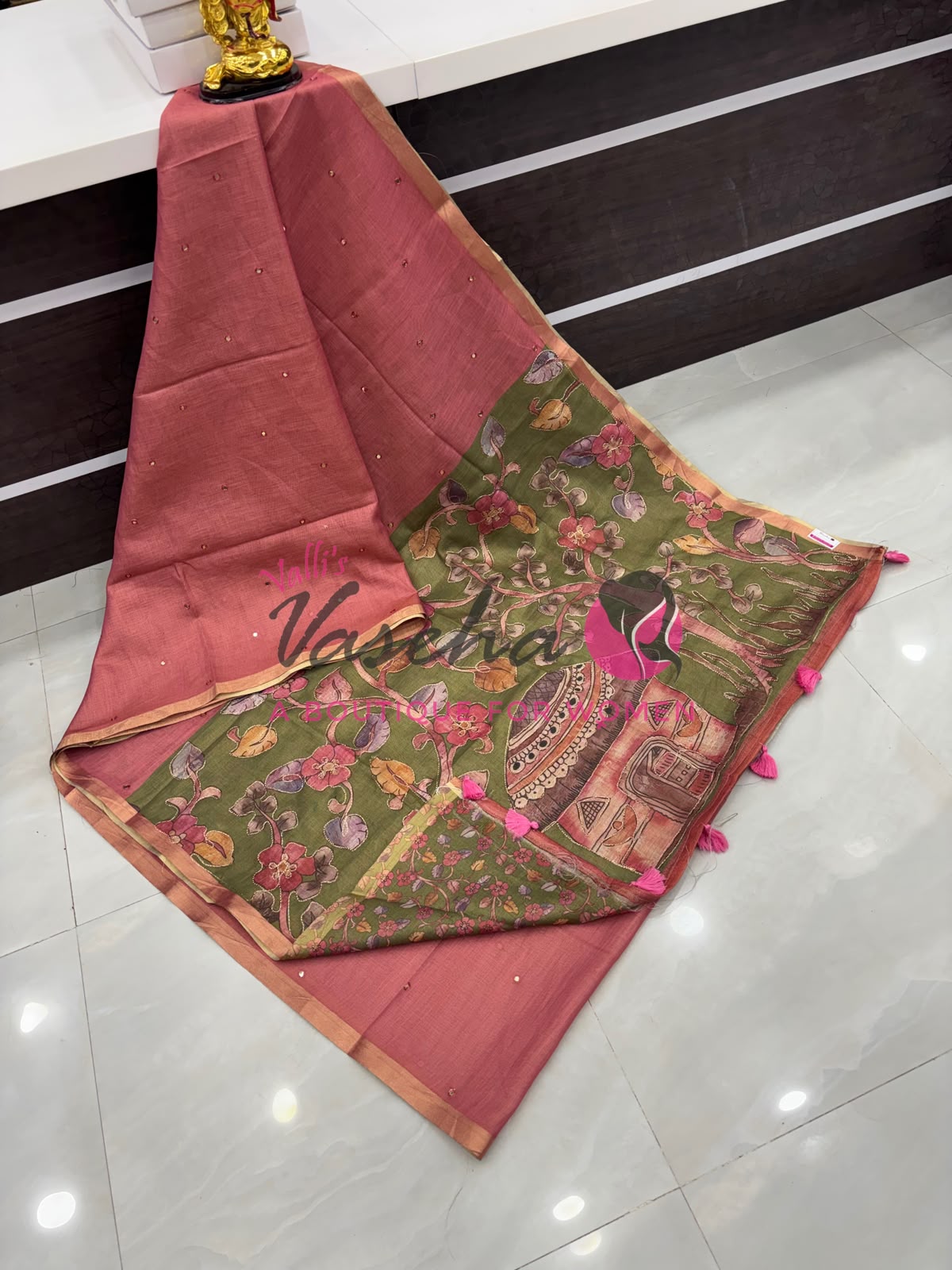 Linen Tissue Saree - Mirror Work Embroidery - Pink With Green Shade - VVLTS001