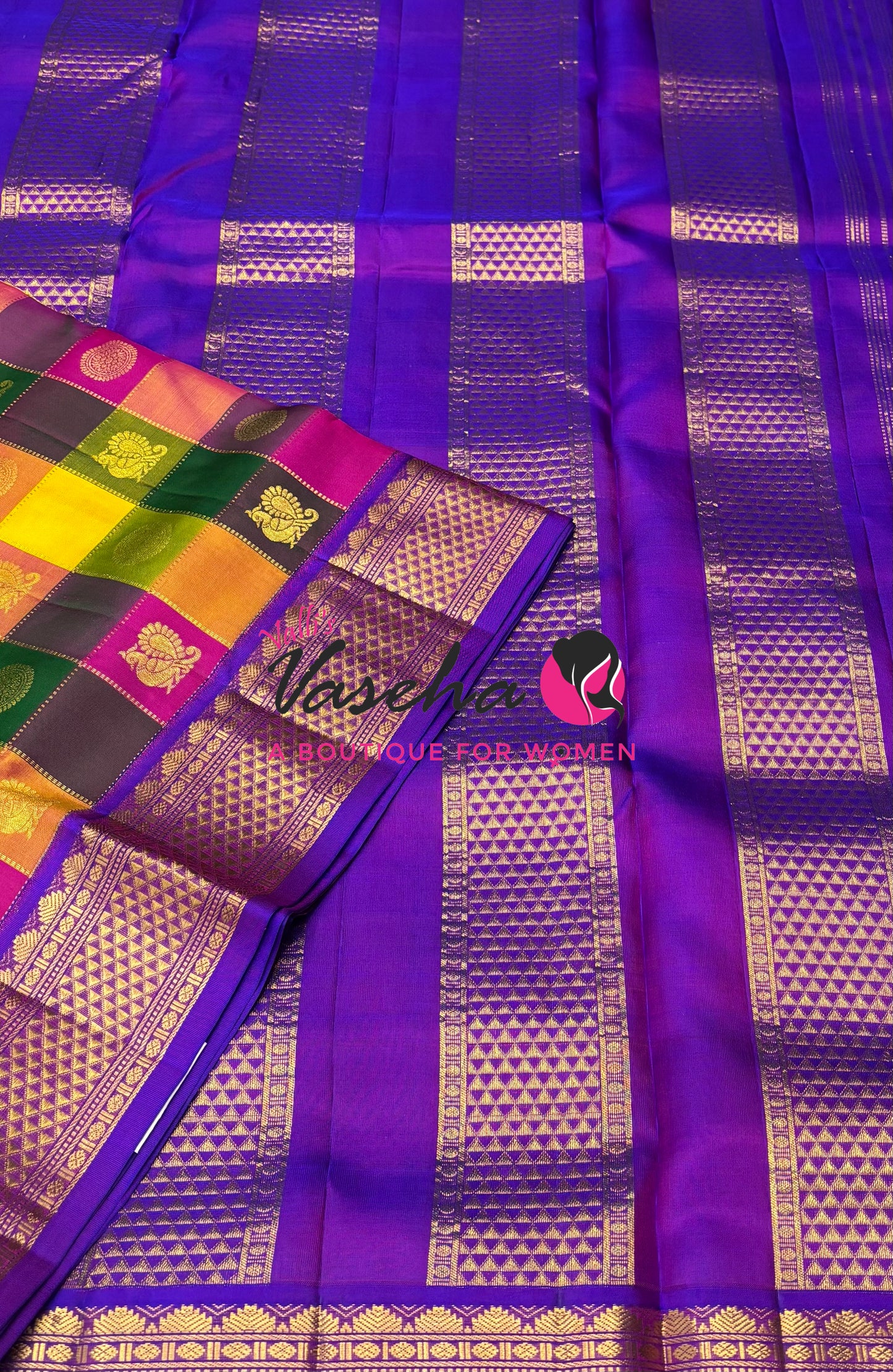 Pure Korvai Kanchipuram Silk Saree - Pazhum Pazhamum Checks - 10 Yards - VVPSTY001