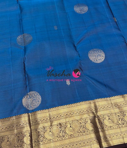 Pure Kanchipuram Silk Saree - Blue With Brown - VVPS094