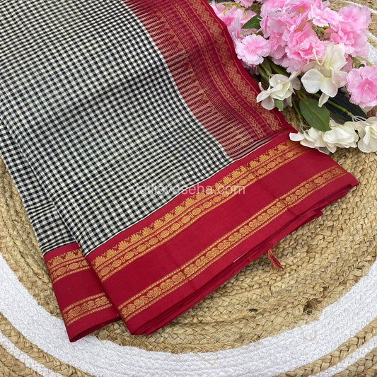 Pre Booking [5-7 weeks]|Pure Korvai Silk Cotton - Podi Kattam - Retta Petta Border - Black & White with Red - VVKSC003