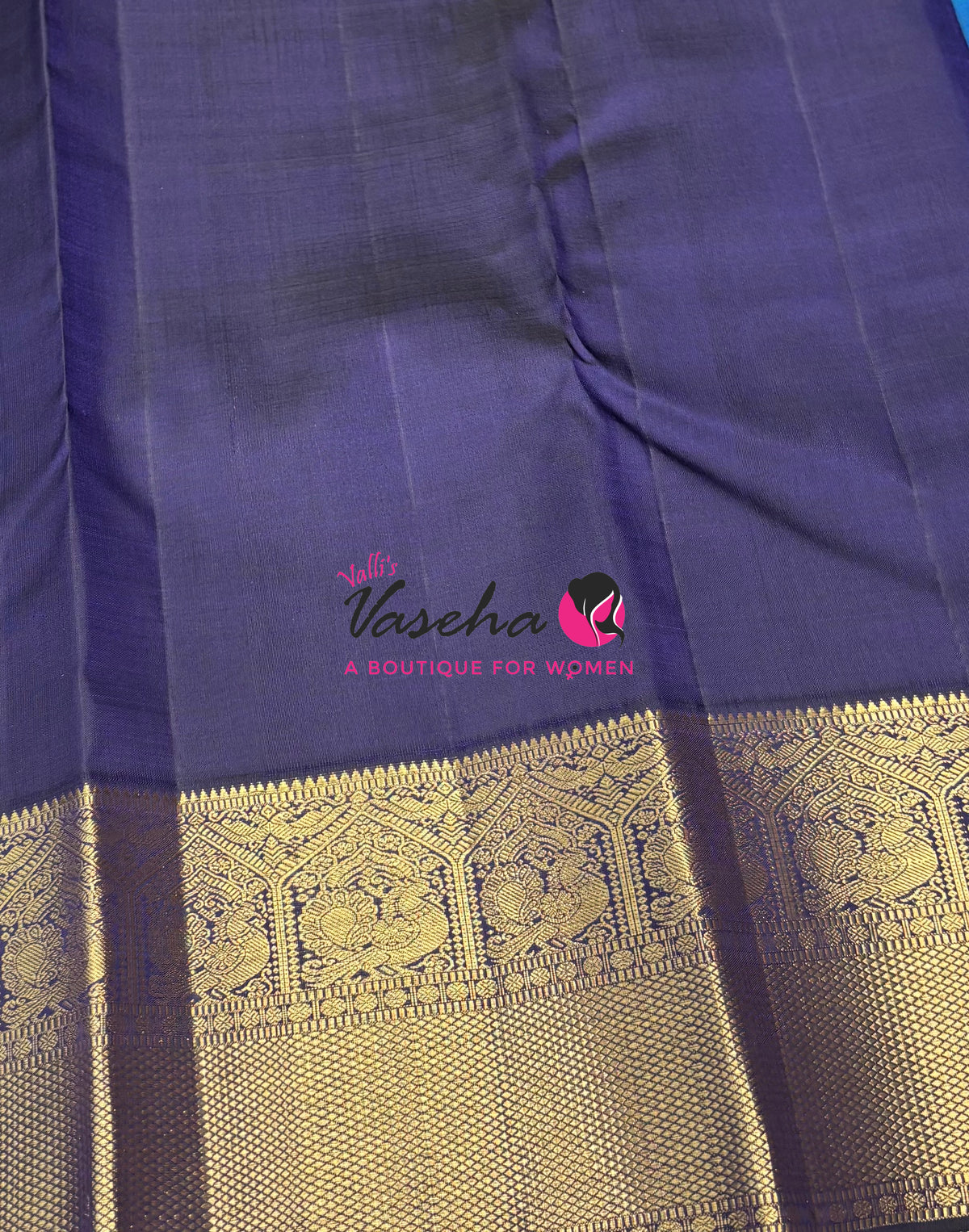 Pure Vintage Korvai Kanchipuram Silk Saree - Peacock Blue & Navy Blue Combo - VVPS021