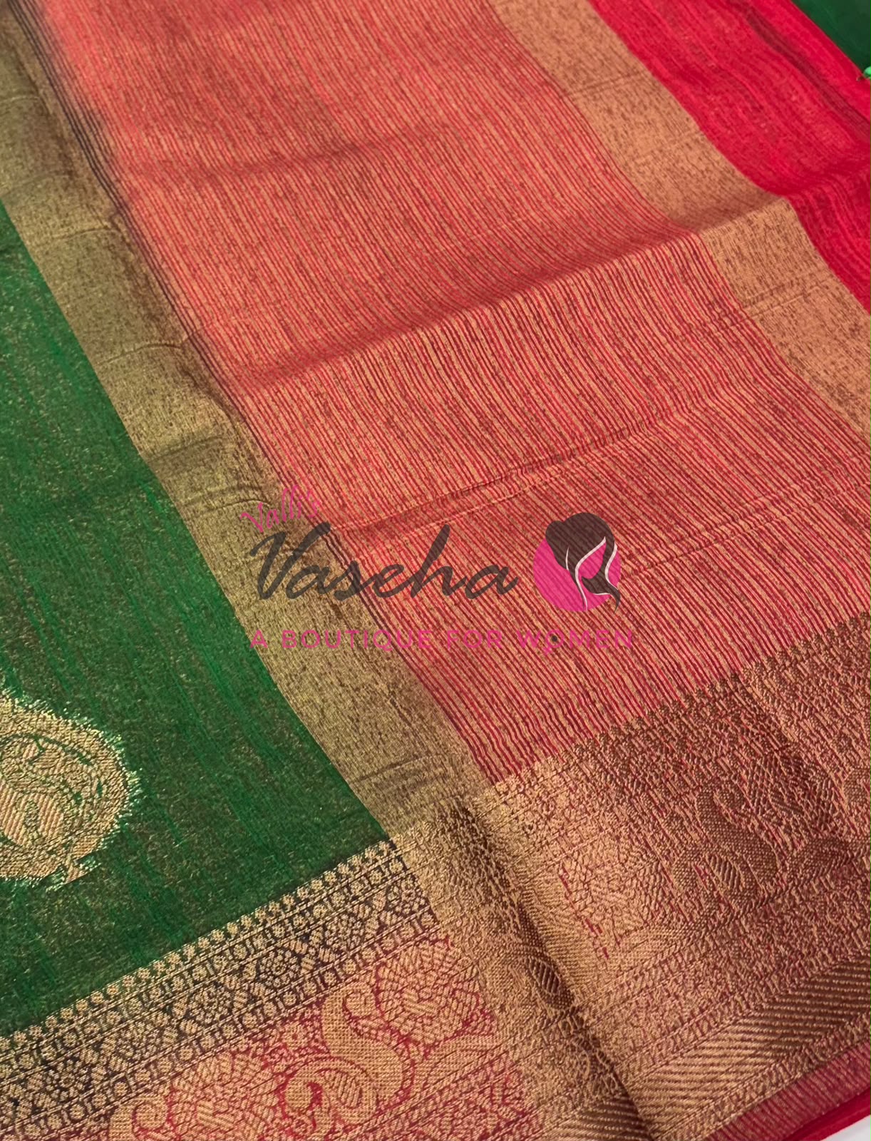 Bamboo Silk Saree- Green with Red Shade - VVBSS013
