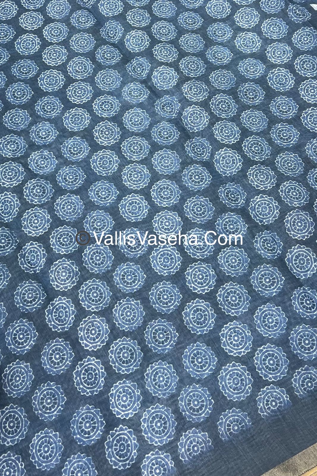 Linen Mixed Cotton Saree - Indigo Blue - Printed - VVLMP001