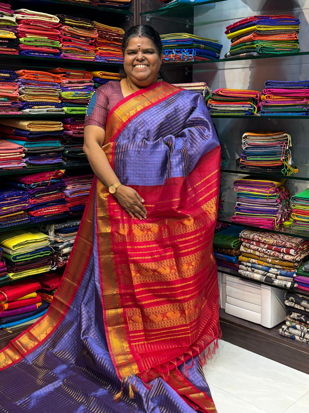 Pure Korvai Silk Cotton - Dark Lavender& Red Combo - VVKSC010