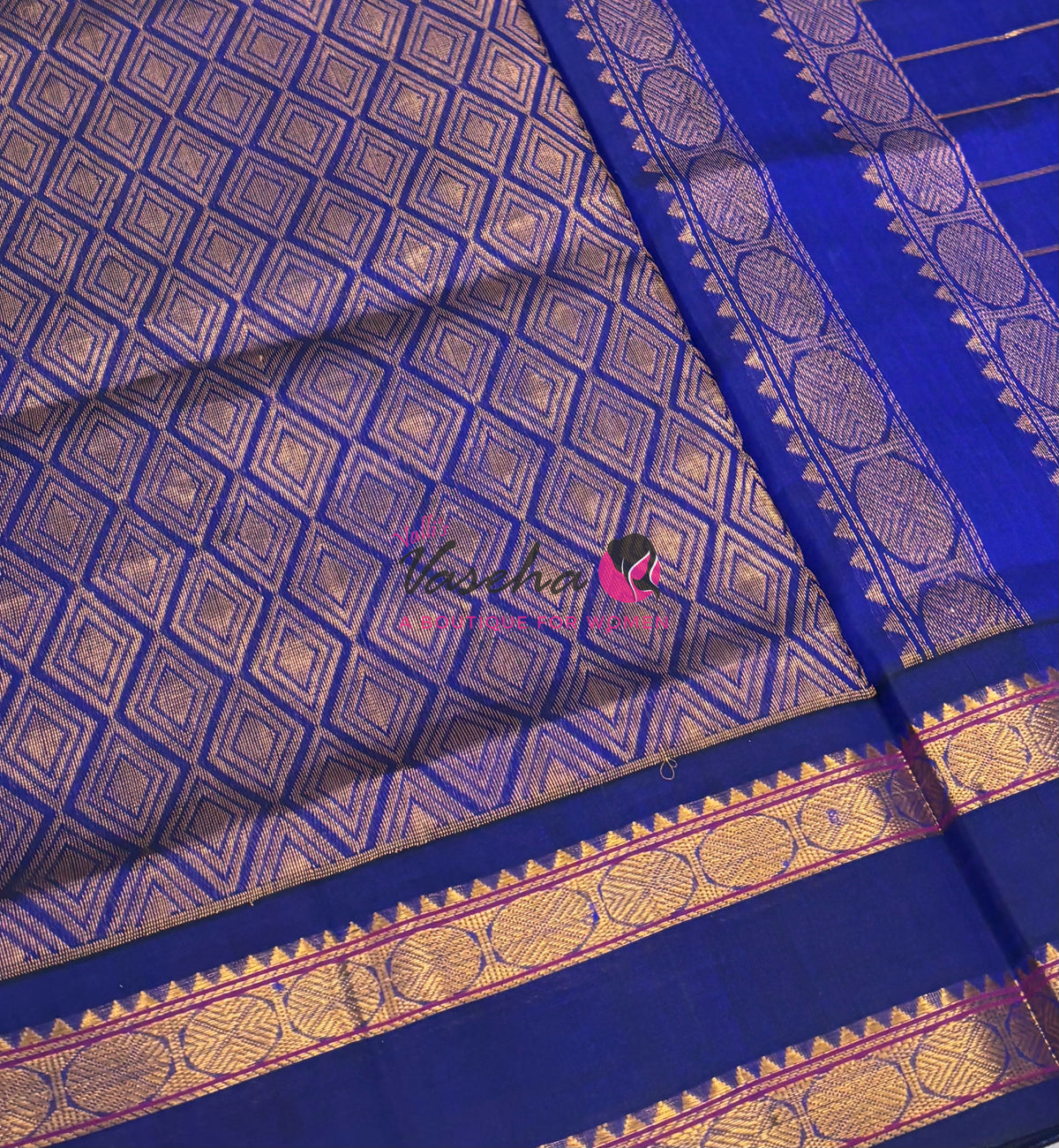 Pure Korvai Silk Cotton With Retta Petta Border - Checks pattern - Light Lavender & Blue - VVKSC013