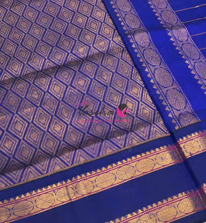 Pure Korvai Silk Cotton With Retta Petta Border - Checks pattern - Light Lavender & Blue - VVKSC013