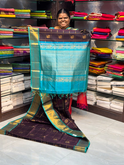 Pure Silk Cotton Saree - Mayil & Chakkaram Design - Brown With Blue - VVMC001